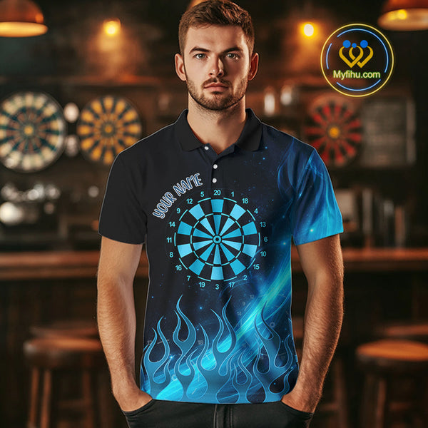 Custom Blue Flame Dartboard Polo Shirt For Men, Cool Fire Dart Team Shirt NYN0645