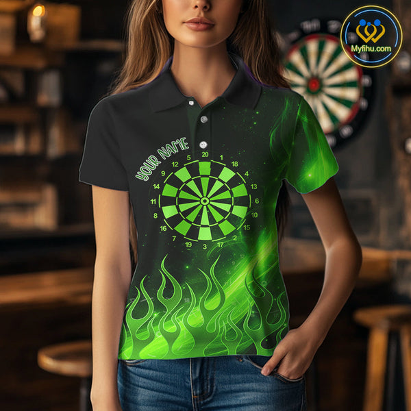 Custom Green Flame Dartboard Polo Shirt For Women, Green Fire Dart Team Shirt NYN0646