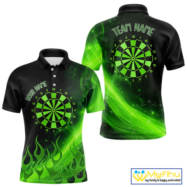 Custom Green Flame Dartboard Polo Shirt For Men, Green Fire Dart Team Shirt NYN0646