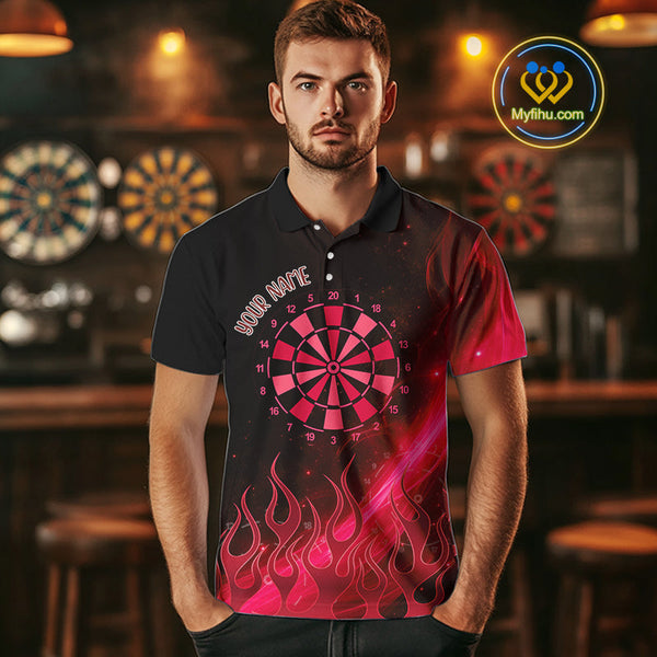Custom Red Flame Dartboard Polo Shirt For Men, Neon Fire Dart Team Shirt NYN0647
