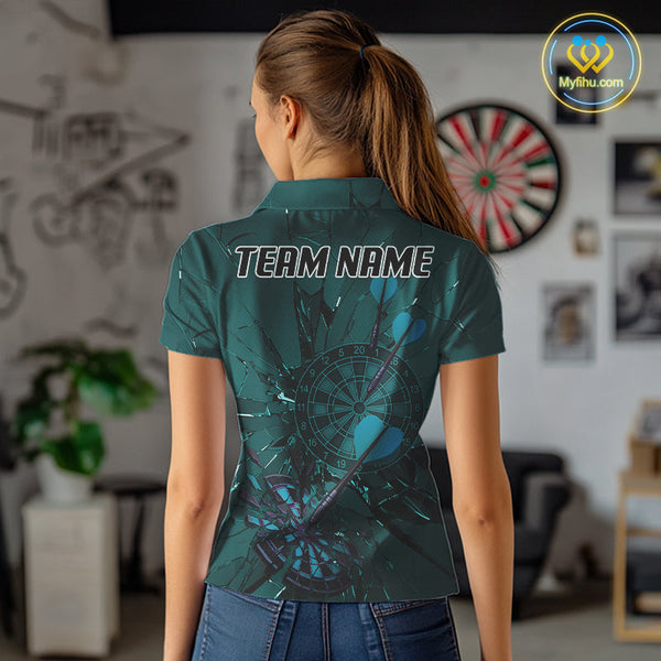 Custom Teal Broken Glass Dartboard Polo Shirt For Women, Shattered Target Dart Jersey NYN0653