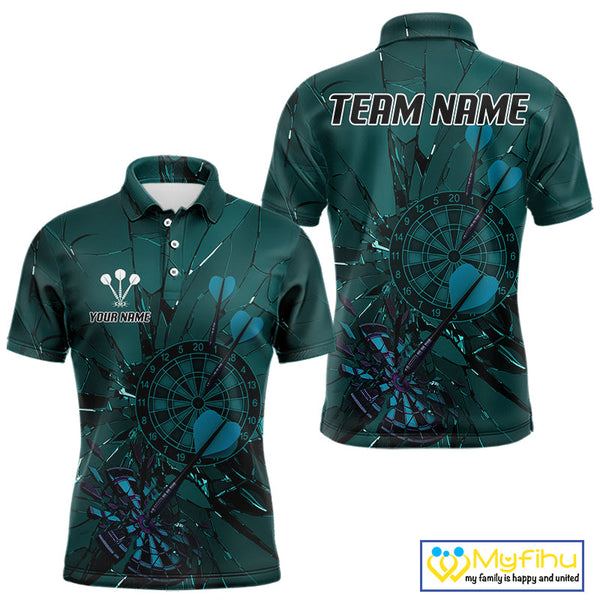 Custom Teal Broken Glass Dartboard Polo Shirt For Men, Shattered Target Dart Jersey NYN0653
