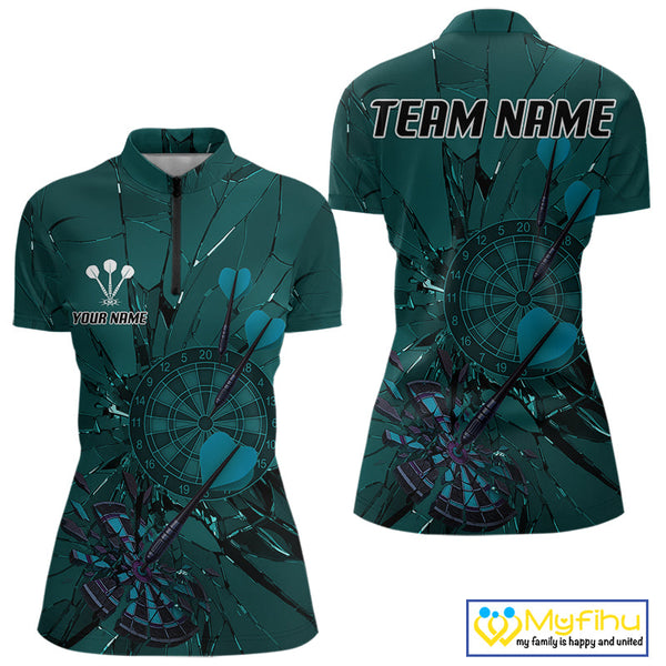 Custom Teal Broken Glass Dartboard Women Quarter-Zip Shirt, Shattered Target Dart Jersey NYN0653