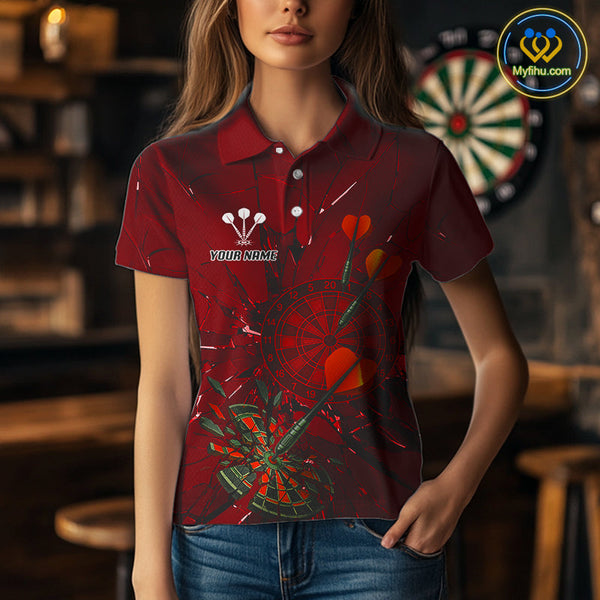 Custom Red Broken Glass Dartboard Polo Shirt For Women, Shattered Target Dart Jersey NYN0654
