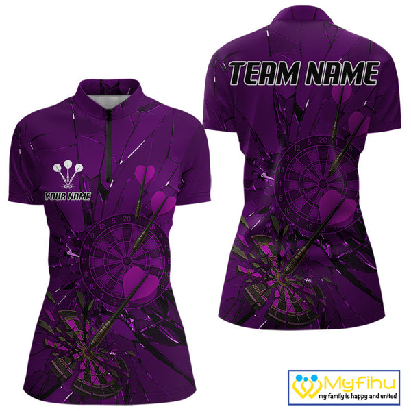 Custom Purple Broken Glass Dartboard Women Quarter-Zip Shirt, Shattered Target Dart Jersey NYN0655