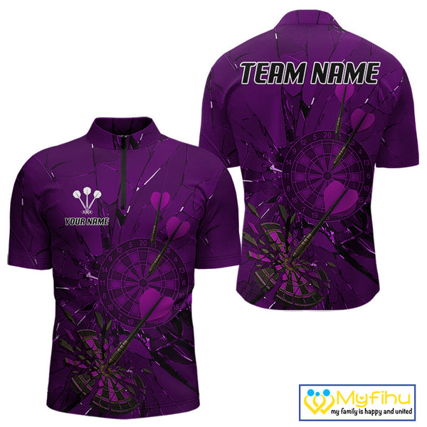 Custom Purple Broken Glass Dartboard Quarter-Zip Shirt For Men, Shattered Target Dart Jersey NYN0655