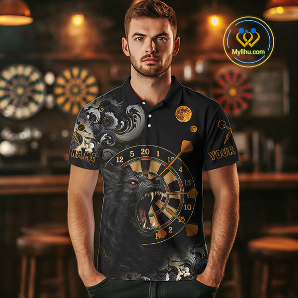 Custom Black And Gold Wolf Dart Team Men Polo Shirt, Wolf Dart Jerseys NYN0389