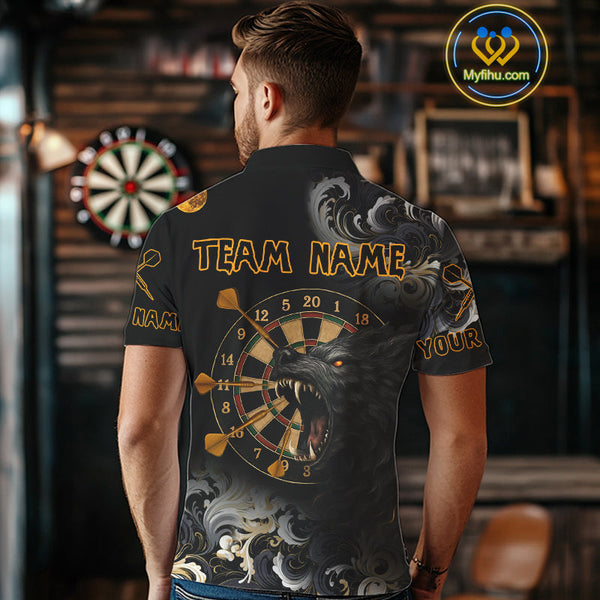 Custom Black And Gold Wolf Dart Team Men Polo Shirt, Wolf Dart Jerseys NYN0389