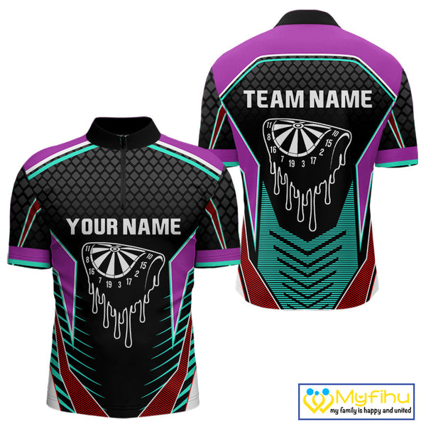 Custom Blue And Purple Dripping Dartboard Dart Team Men Quarter-Zip Shirt, Dart League Shirt NYN0391