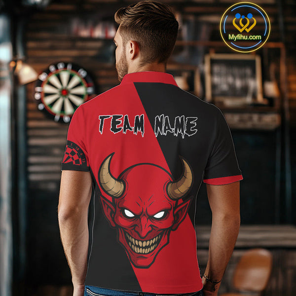 Custom Red Demon Skull With Horn Dart Team Polo Shirts For Men, Halloween Outfit NYN0396