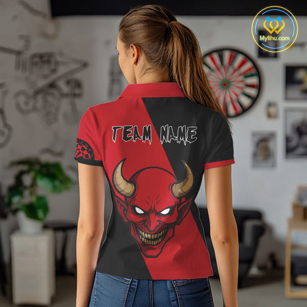Custom Red Demon Skull With Horn Dart Team Polo Shirts For Women, Halloween Outfit NYN0396