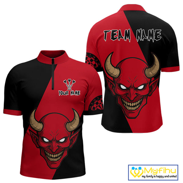 Custom Red Demon Skull With Horn Dart Team Quarter-Zip Shirts For Men, Halloween Outfit NYN0396