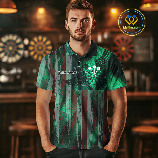 Custom Green US Flag Wings Dartboard Dart Men Polo Shirt, Patriotic Dart Jerseys NYN0659