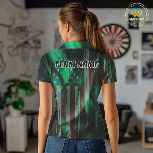 Custom Green US Flag Wings Dartboard Dart Women Polo Shirt, Patriotic Dart Jerseys NYN0659