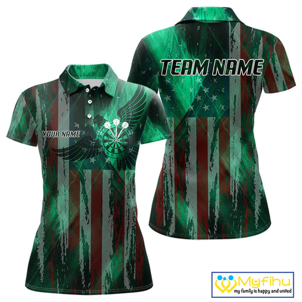 Custom Green US Flag Wings Dartboard Dart Women Polo Shirt, Patriotic Dart Jerseys NYN0659