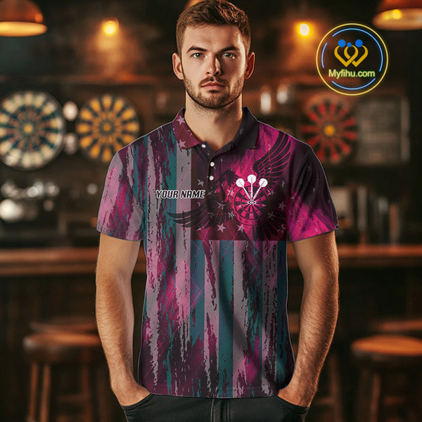 Custom Pink US Flag Wings Dartboard Dart Men Polo Shirt, Patriotic Dart Jerseys NYN0660