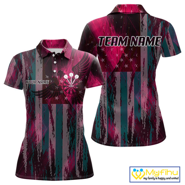 Custom Pink US Flag Wings Dartboard Dart Women Polo Shirt, Patriotic Dart Jerseys NYN0660