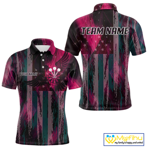 Custom Pink US Flag Wings Dartboard Dart Men Polo Shirt, Patriotic Dart Jerseys NYN0660