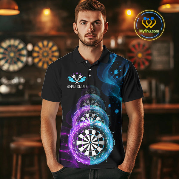 Custom Blue Purple Flame Dartboard Lightning Dart Polo Shirts For Men, Dart Jerseys NYN0662