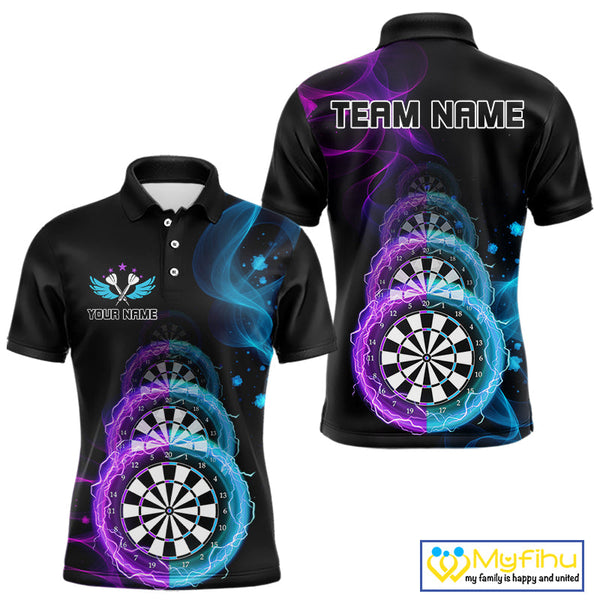 Custom Blue Purple Flame Dartboard Lightning Dart Polo Shirts For Men, Dart Jerseys NYN0662