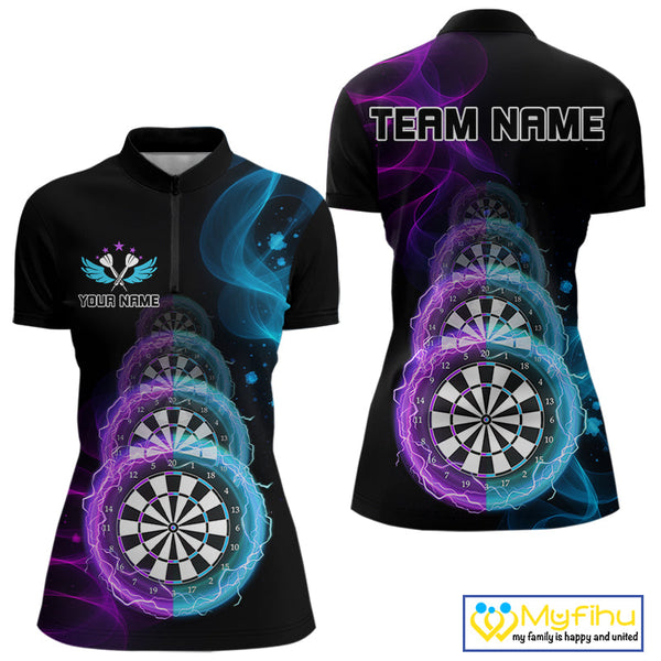 Custom Blue Purple Flame Dartboard Lightning Dart Women Quarter-Zip Shirt, Dart Jerseys NYN0662