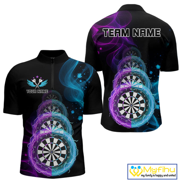 Custom Blue Purple Flame Dartboard Lightning Dart Quarter-Zip Shirts For Men, Dart Jerseys NYN0662