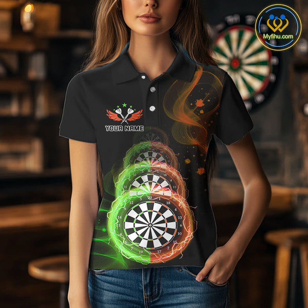 Custom Green Orange Flame Dartboard Lightning Dart Polo Shirts For Women, Dart Jerseys NYN0663