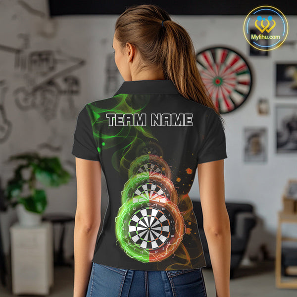 Custom Green Orange Flame Dartboard Lightning Dart Polo Shirts For Women, Dart Jerseys NYN0663