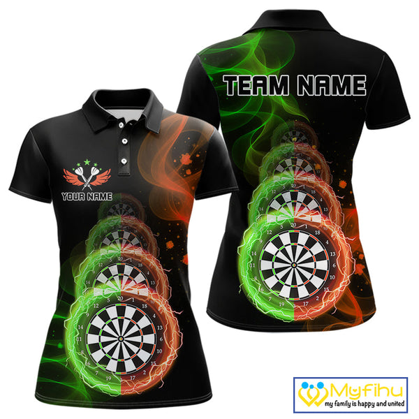 Custom Green Orange Flame Dartboard Lightning Dart Polo Shirts For Women, Dart Jerseys NYN0663