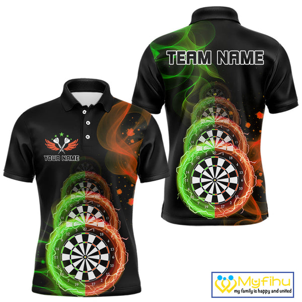 Custom Green Orange Flame Dartboard Lightning Dart Polo Shirts For Men, Dart Jerseys NYN0663