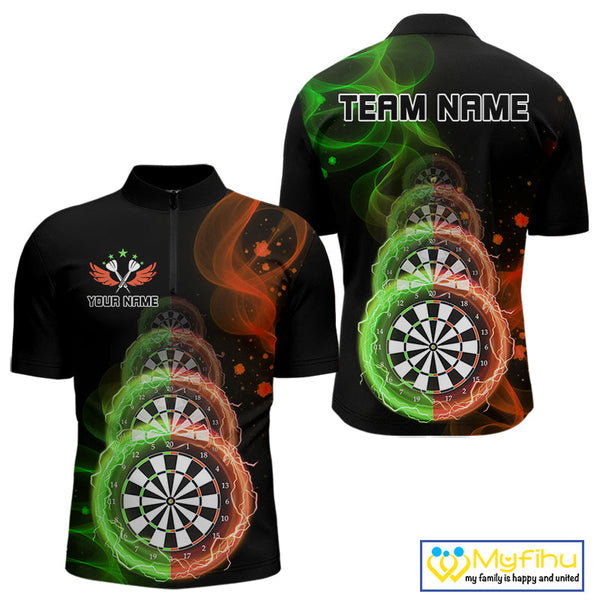 Custom Green Orange Flame Dartboard Lightning Dart Quarter-Zip Shirts For Men, Dart Jerseys NYN0663