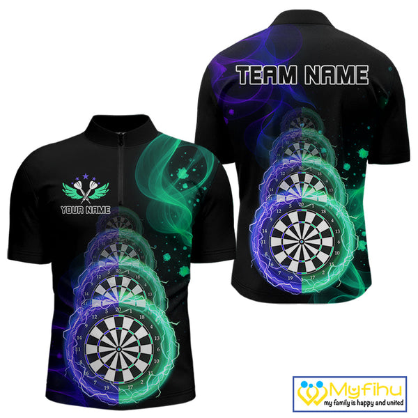 Custom Blue Green Flame Dartboard Lightning Dart Quarter-Zip Shirts For Men, Dart Jerseys NYN0664