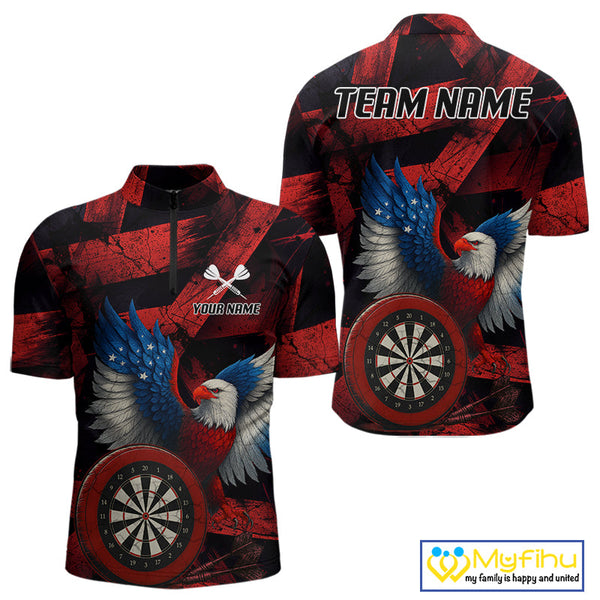 Custom Black Red Eagle Dartboard Patriotic US Flag Dart Quarter-Zip Shirts For Men NYN0665