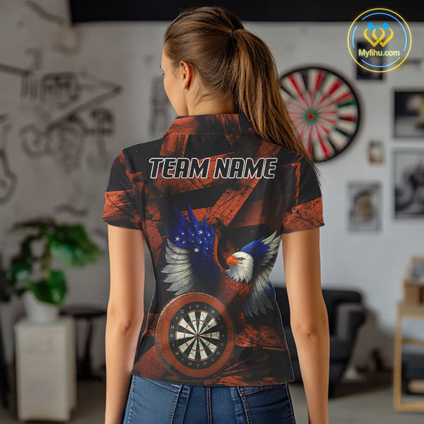 Custom Black Orange Eagle Dartboard Patriotic US Flag Dart Polo Shirts For Women NYN0666