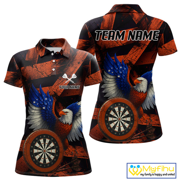 Custom Black Orange Eagle Dartboard Patriotic US Flag Dart Polo Shirts For Women NYN0666
