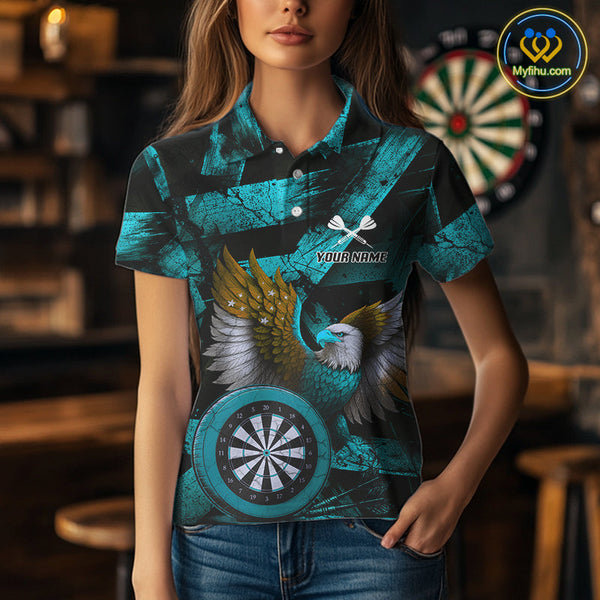 Custom Black And Blue Eagle Dartboard Patriotic US Flag Dart Polo Shirts For Women NYN0667