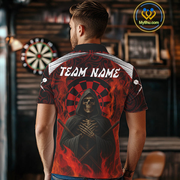 Custom Black And Red Fire Flame Grim Reaper Dart Polo Shirt For Men, Halloween Dart Outfit NYN0405