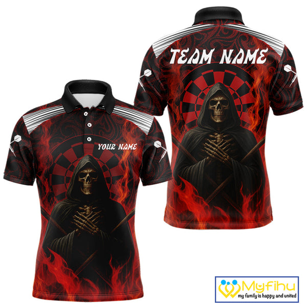 Custom Black And Red Fire Flame Grim Reaper Dart Polo Shirt For Men, Halloween Dart Outfit NYN0405