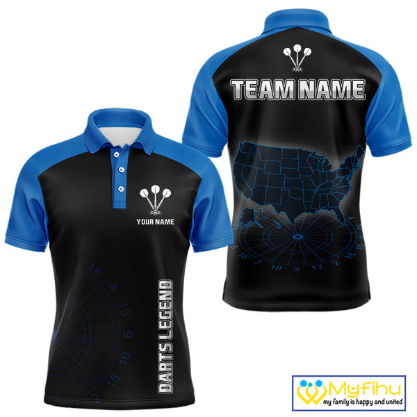 Custom Black And Blue American Dart Legend Dart Polo Shirts For Men, Patriotic Dart Jerseys NYN0415