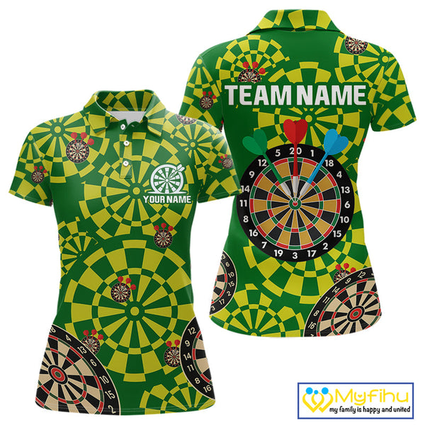 Custom Green And Yellow Dartboard Pattern Dart Team Women Polo Shirts, Dart Jerseys NYN0425