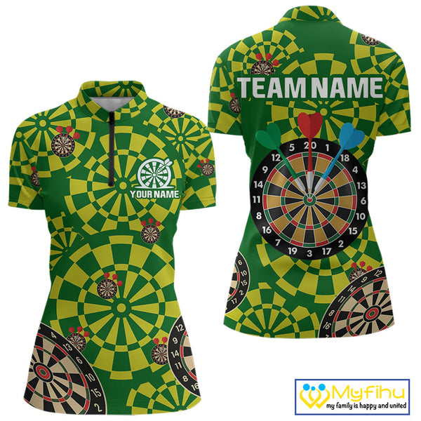 Custom Green And Yellow Dartboard Pattern Dart Team Women Quarter-Zip Shirts, Dart Jerseys NYN0425