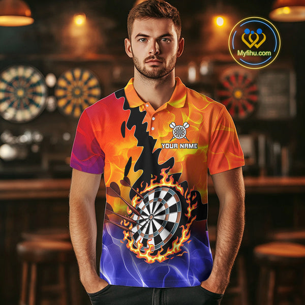 Custom Orange And Purple Fire Flame Dartboard Dart Team Polo Shirts For Men NYN0682