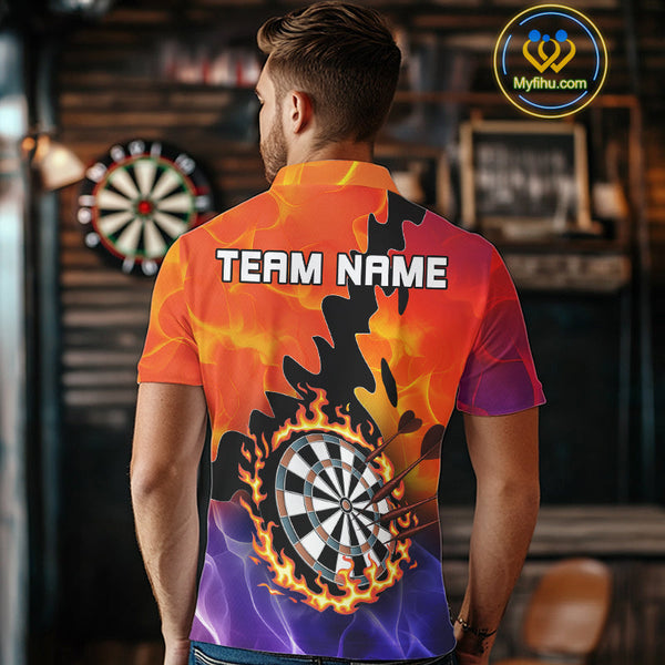 Custom Orange And Purple Fire Flame Dartboard Dart Team Polo Shirts For Men NYN0682