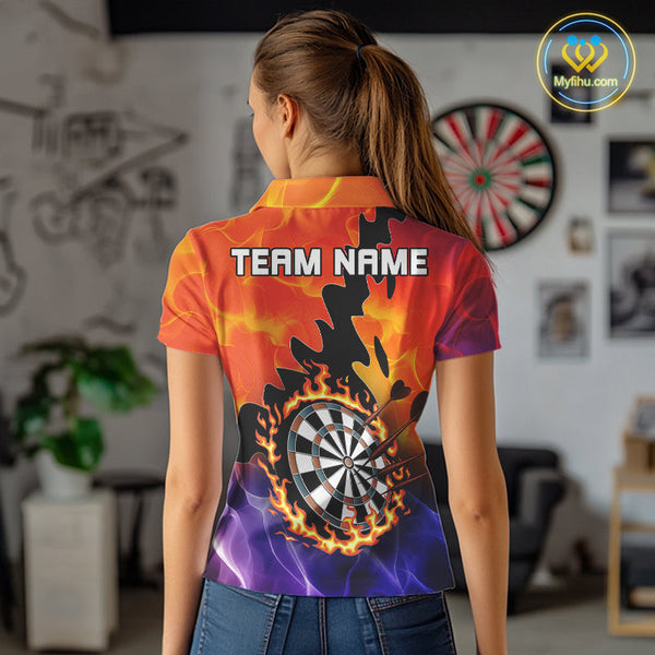 Custom Orange And Purple Fire Flame Dartboard Dart Team Polo Shirts For Women NYN0682