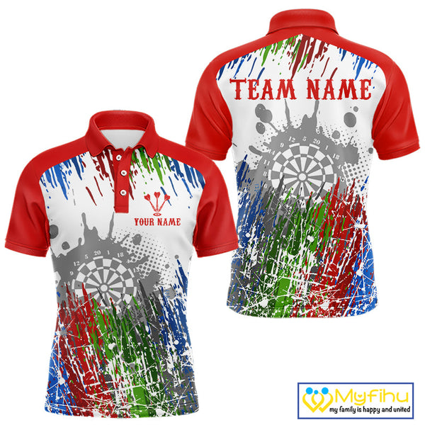 Custom Red Blue Green Splash Paint Dartboard Dart Polo Shirts For Men, Dart Jerseys NYN0683