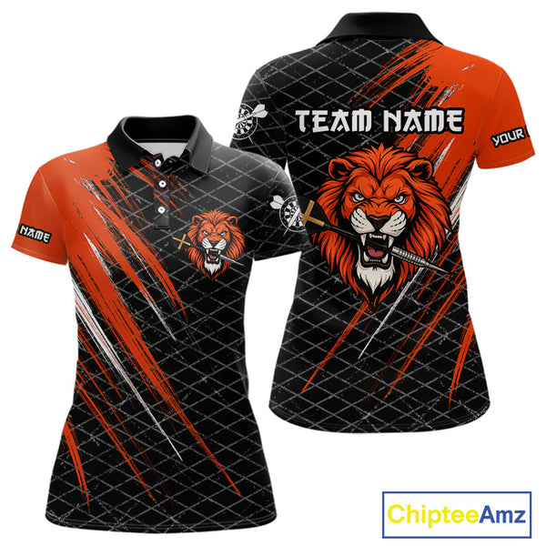 Custom Black And Orange Faith Cross Lion Dart Team Polo Shirts For Women, Dart Jerseys NYN0101