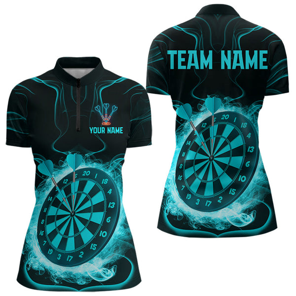 Custom Blue Smoke Flame Dartboard Dart Women Quarter-Zip Shirt, Dart Tournament Jerseys NYN0470