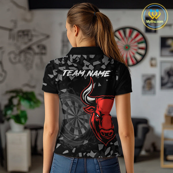 Custom Black And Red Dart Polo Shirts For Women, Bull Dart Team Jerseys NYN0716