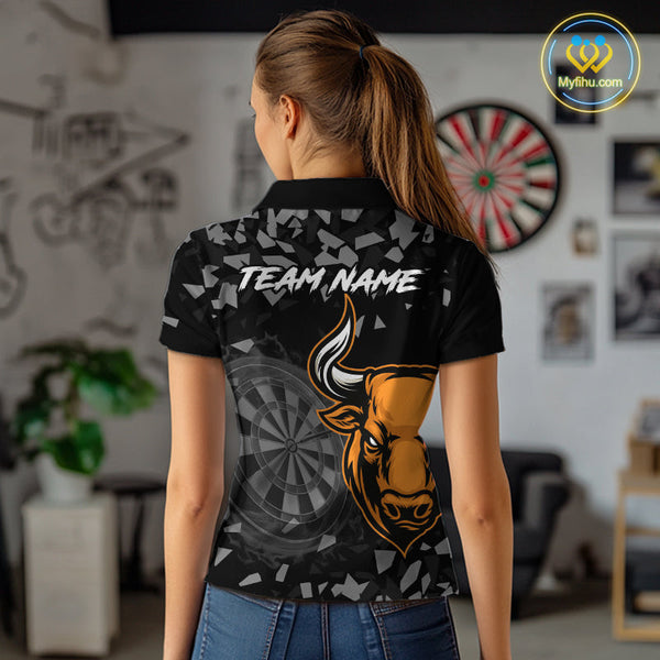 Custom Black And Orange Dart Polo Shirts For Women, Bull Dart Team Jerseys NYN0717