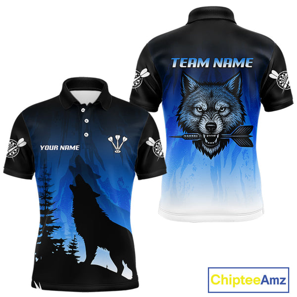 Custom Blue Night Wolf Dart Team Polo Shirts For Men, Wolf Darts Jerseys NYN0112